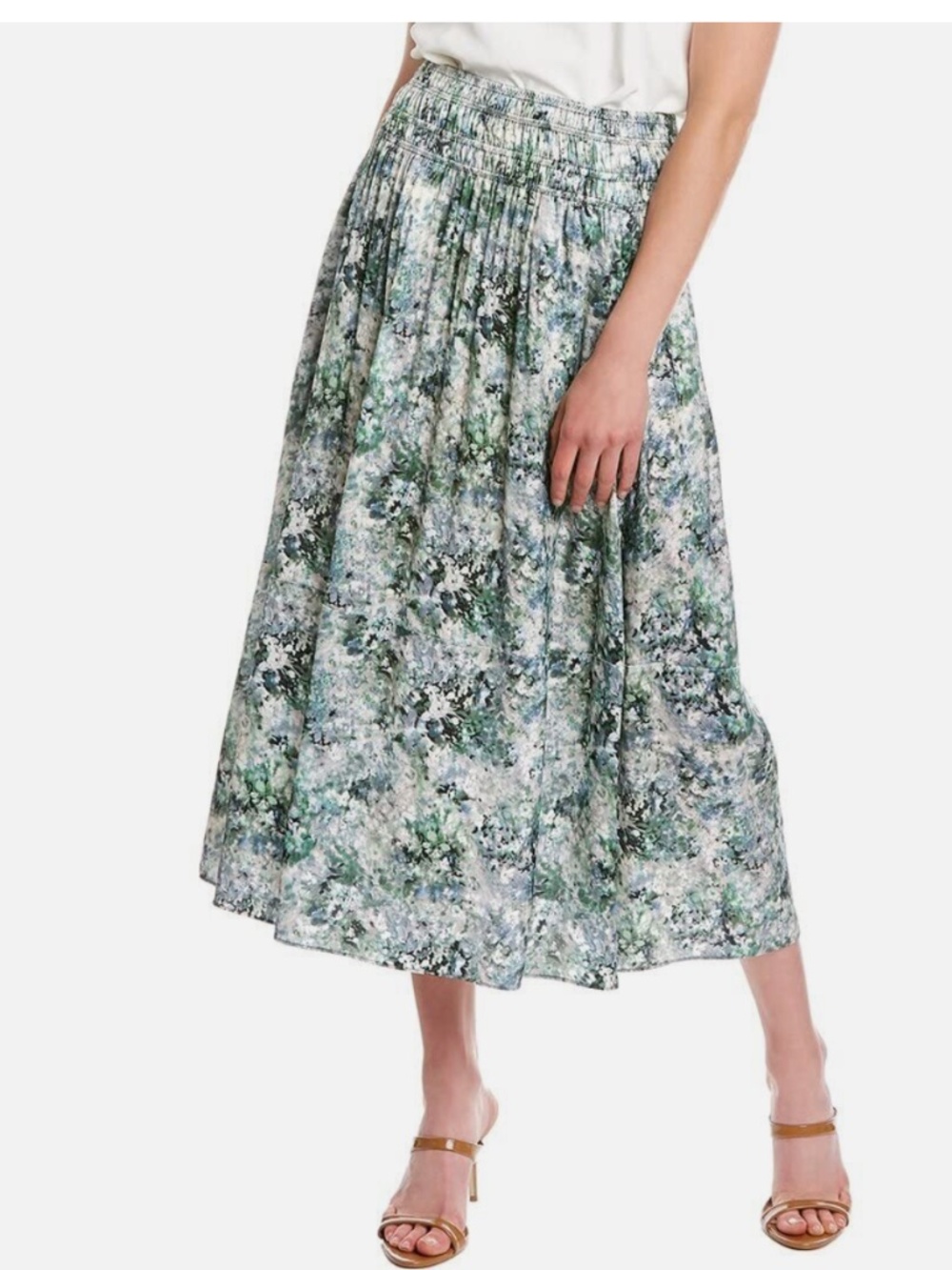 Vince Painted Floral Smocked Skirt with pockets